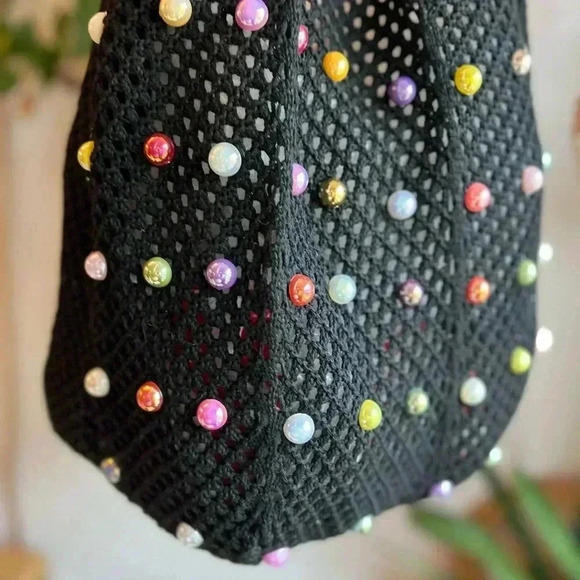 Boho Crochet Black Tote Bag with Colorful Beads - 15x12 Handmade Market Bag - Picture 3 of 9